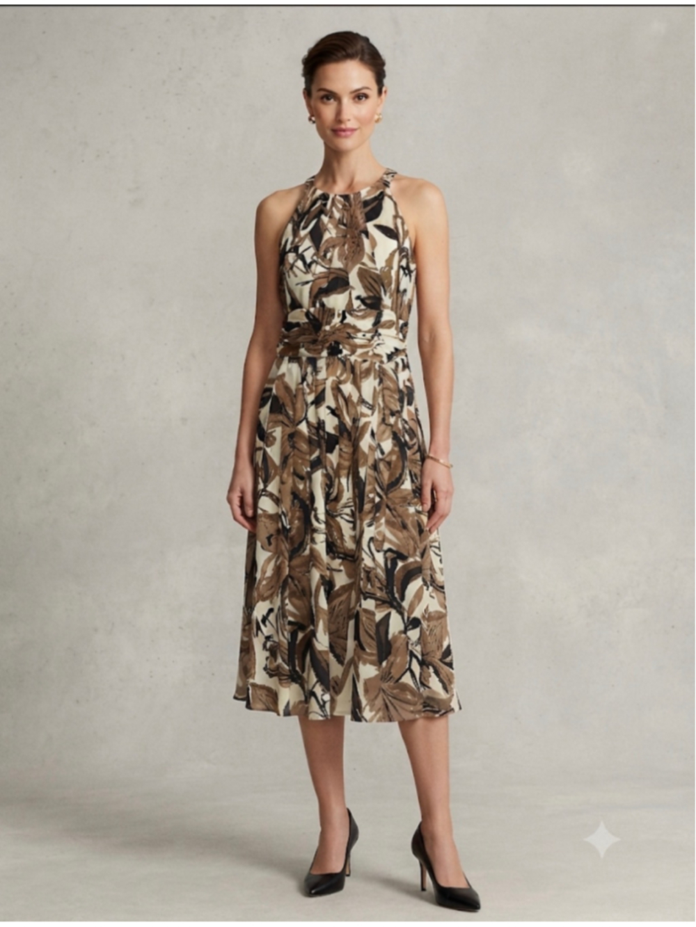 Evan-Picone Midi Dress Size 10 Beige Brown Cream Floral Print